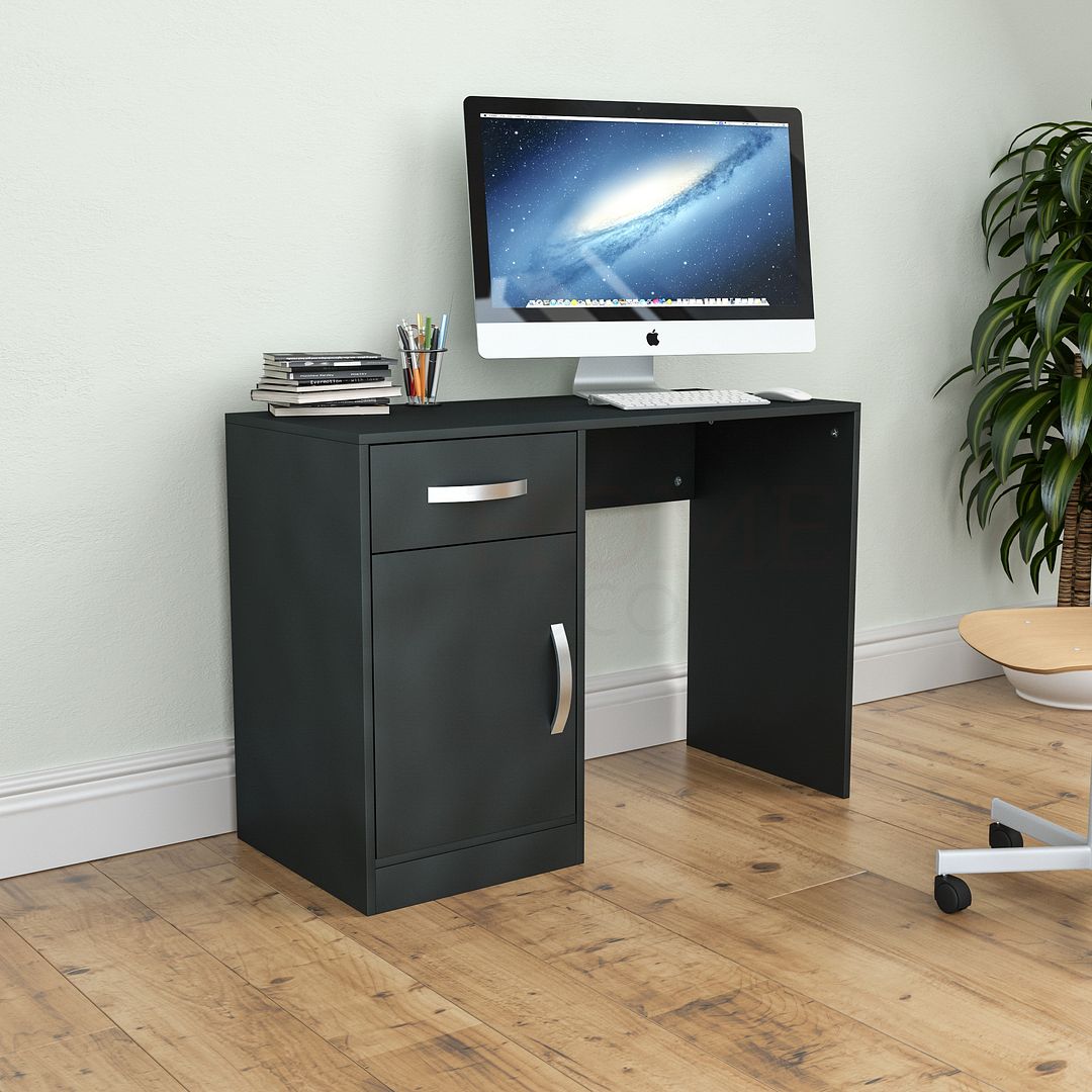 Stylish Wooden Computer Desk Walnut Black 1 Drawer 1 Door Home Office