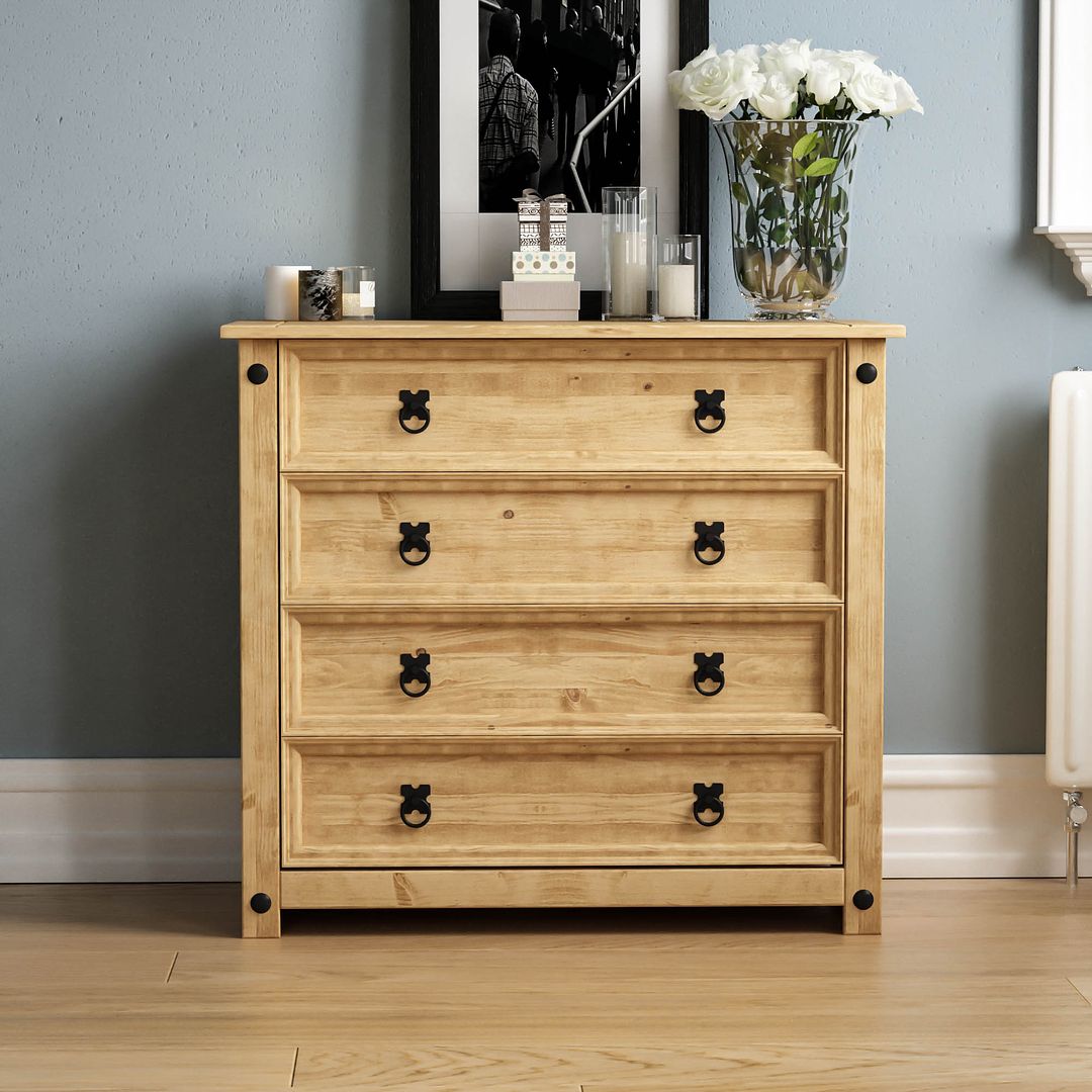 Corona 4 Drawer Chest Distressed Waxed Solid Wood Pine