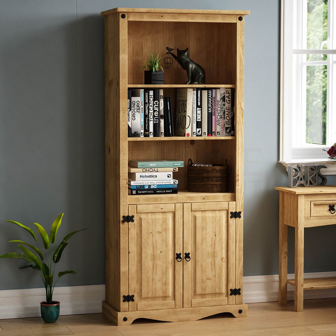 Corona 2 Door Bookcase Display Unit Mexican Solid Pine Wood Waxed ...