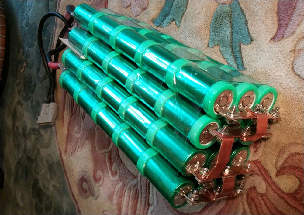 A 12 re-purposed Ford Escape module sticks assembled as a nominal 12V battery in a 2S/6P configuration.